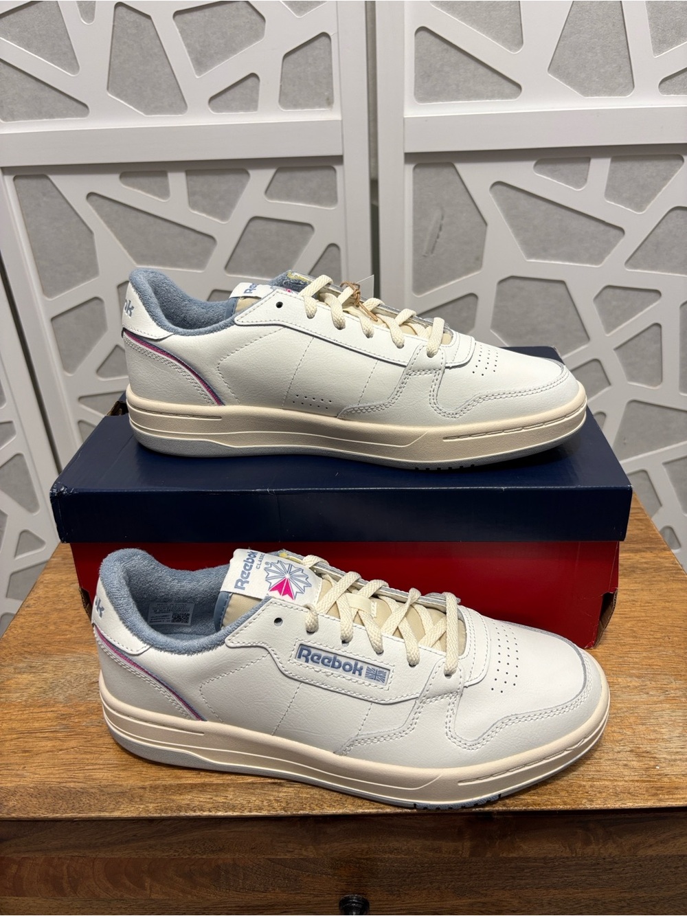 Reebok White Leather Sneakers with Pink & Blue Accents